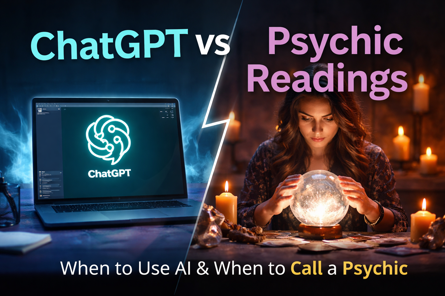 Split image showing ChatGPT on a laptop contrasted with a professional psychic reading by candlelight, illustrating when to use AI guidance versus human psychic insight.