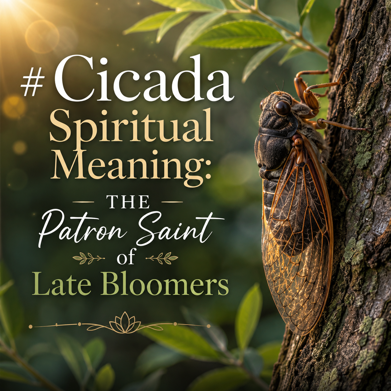 Cicada spiritual meaning illustration showing a cicada as a symbol of transformation, patience, renewal, personal growth, and blooming in your own time.