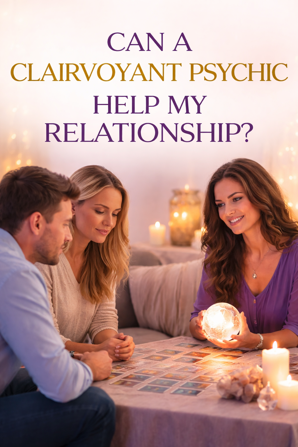 Clairvoyant psychic helping a couple with relationship issues using tarot cards and energy reading during a private session