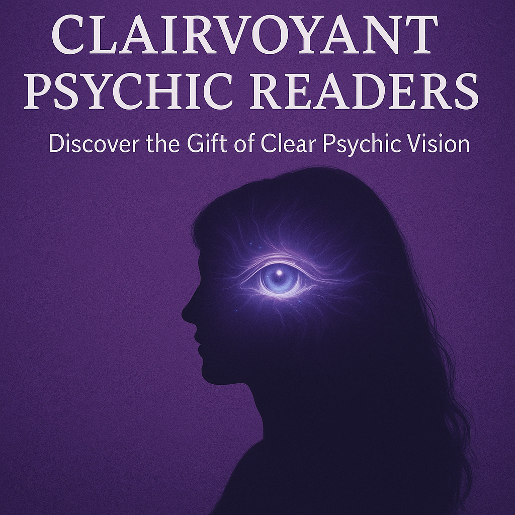 Silhouette of a woman with a glowing third eye radiating light, set against a deep purple background with white text reading “Clairvoyant Psychic Readers – Discover the Gift of Clear Psychic Vision.”