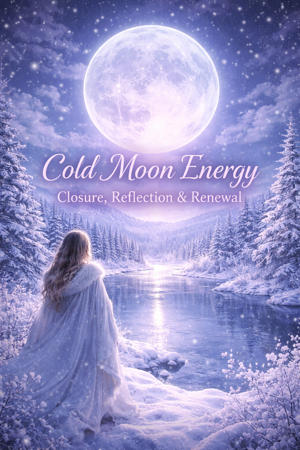 Mystical Cold Moon illustration with a woman by a snowy river under a glowing full moon representing closure reflection and emotional renewal
