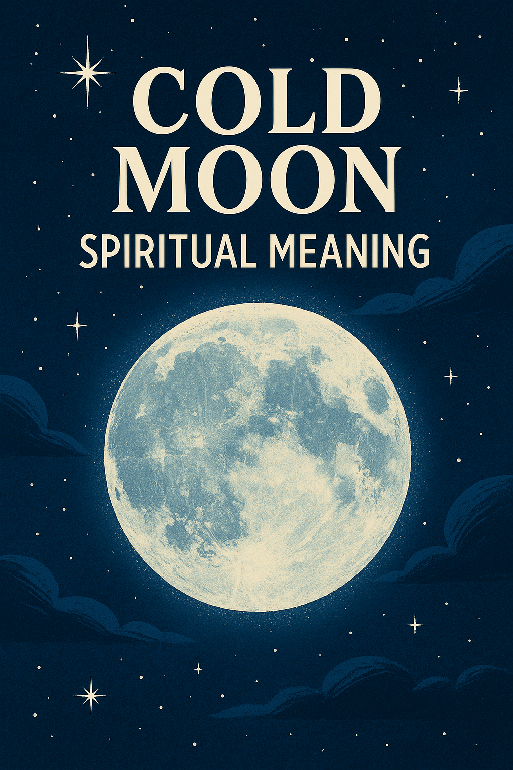 A glowing Cold Moon in the winter night sky, symbolizing reflection, closure, and renewal with deep spiritual meaning and intuition.