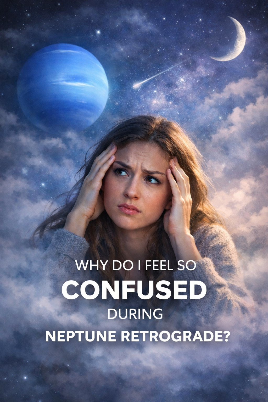 woman feeling confused during Neptune retrograde surrounded by emotional fog and dreamy night sky with Neptune visible