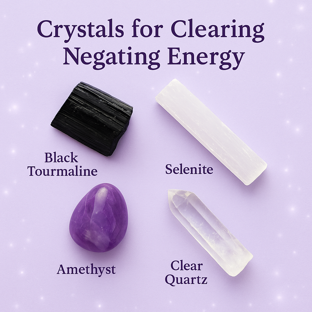 Black Tourmaline, Selenite, Amethyst, and Clear Quartz crystals labeled on a lavender background with sparkles — representing crystals for clearing negative energy