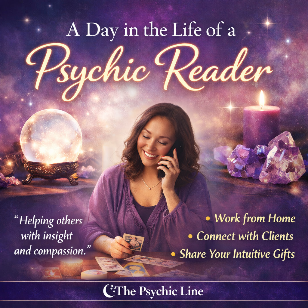 Work from home psychic reader providing intuitive readings with tarot cards in a calm spiritual setting