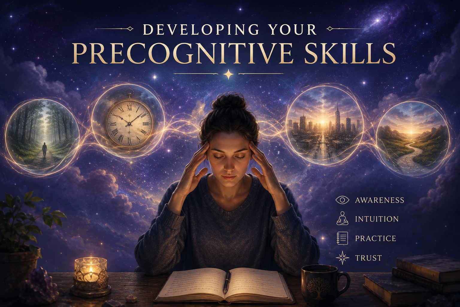 Woman practicing precognitive skills through meditation, journaling, intuition, and awareness.