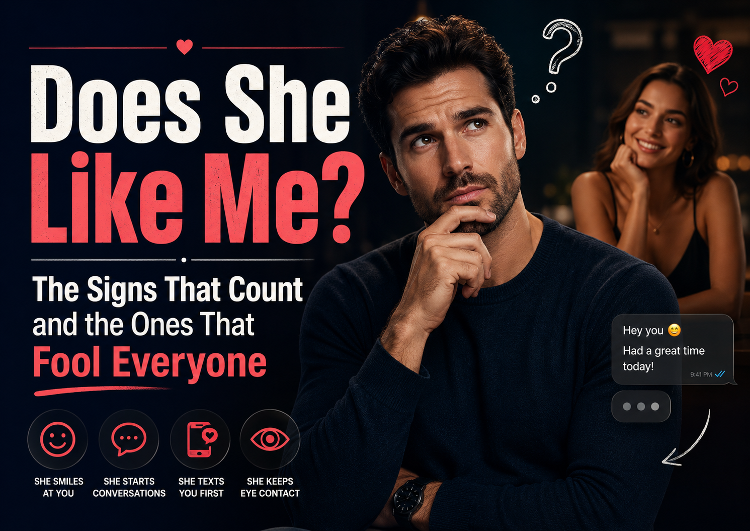 Thoughtful man wondering whether a smiling woman likes him, with texting and attraction signs.