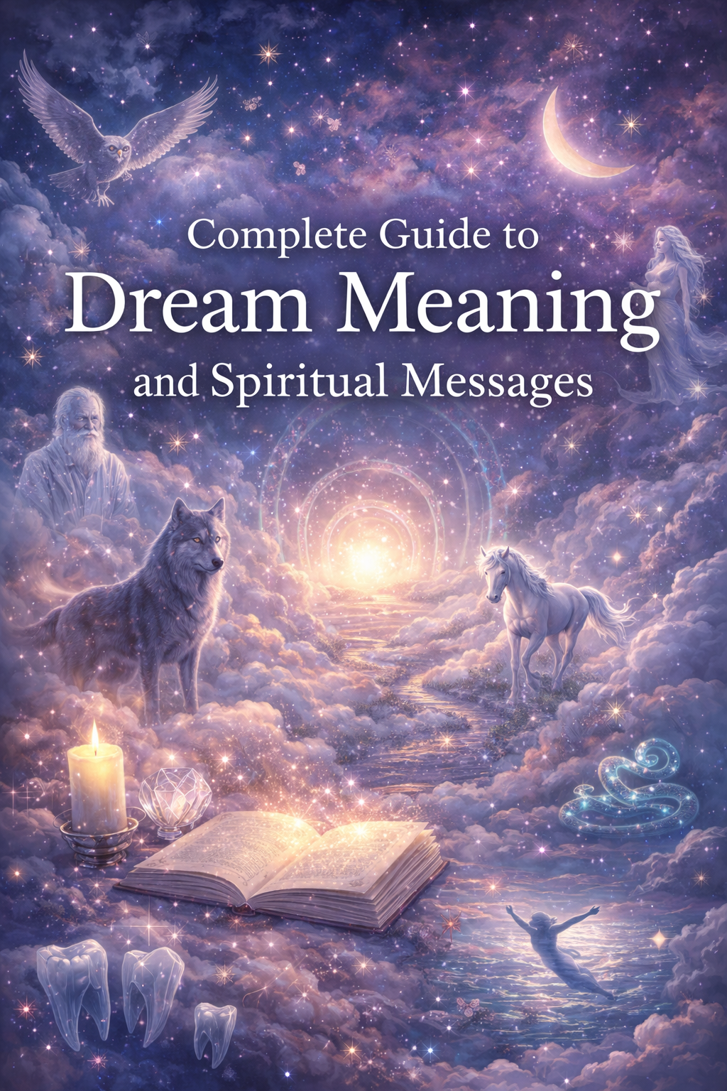 Dream meaning guide illustration with symbolic animals, stars, and mystical dream imagery representing spiritual messages in dreams