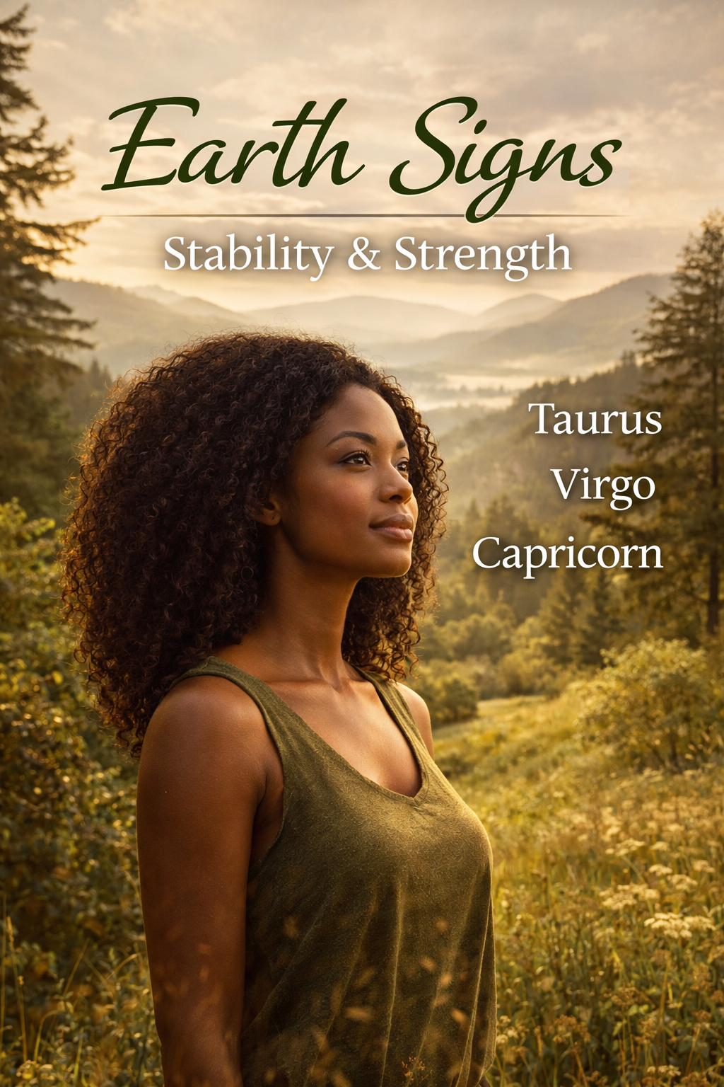 Earth signs astrology image showing Taurus Virgo Capricorn with grounded woman representing stability strength and practical energy