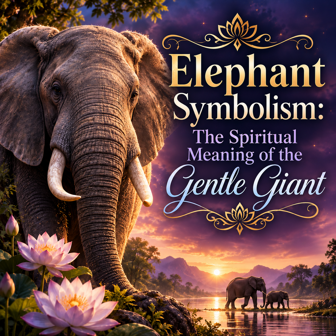 Elephant symbolism illustration showing an elephant as a spiritual symbol of wisdom, strength, loyalty, compassion, and good fortune.