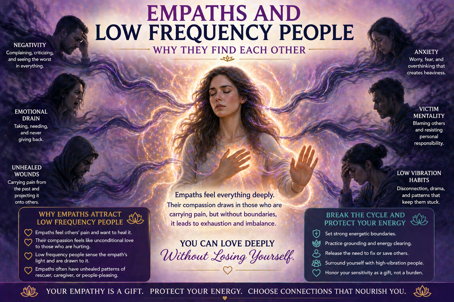 Empath absorbing emotional energy from low frequency people, surrounded by negative energy patterns like anxiety, emotional drain, and unhealed wounds