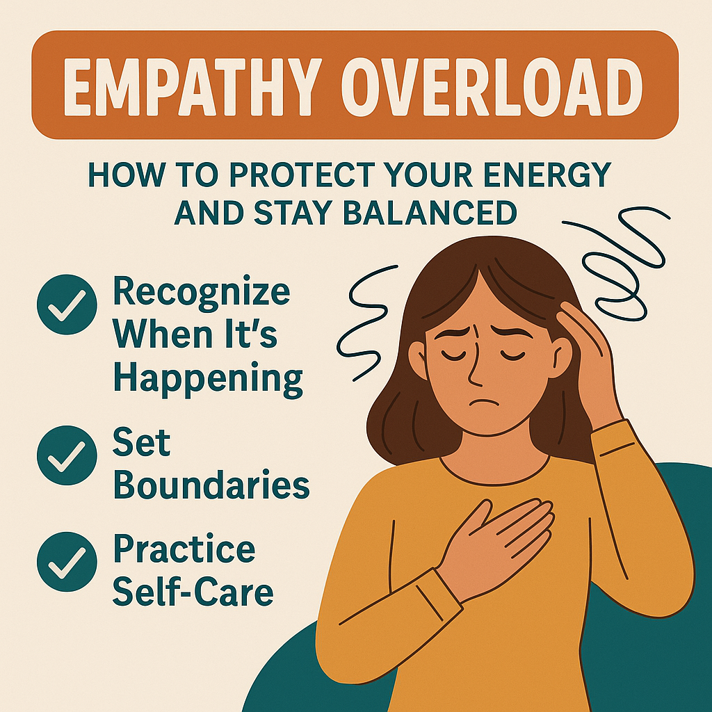 Empathy Overload – Protect Your Energy and Stay Balanced illustration with self-care tips.