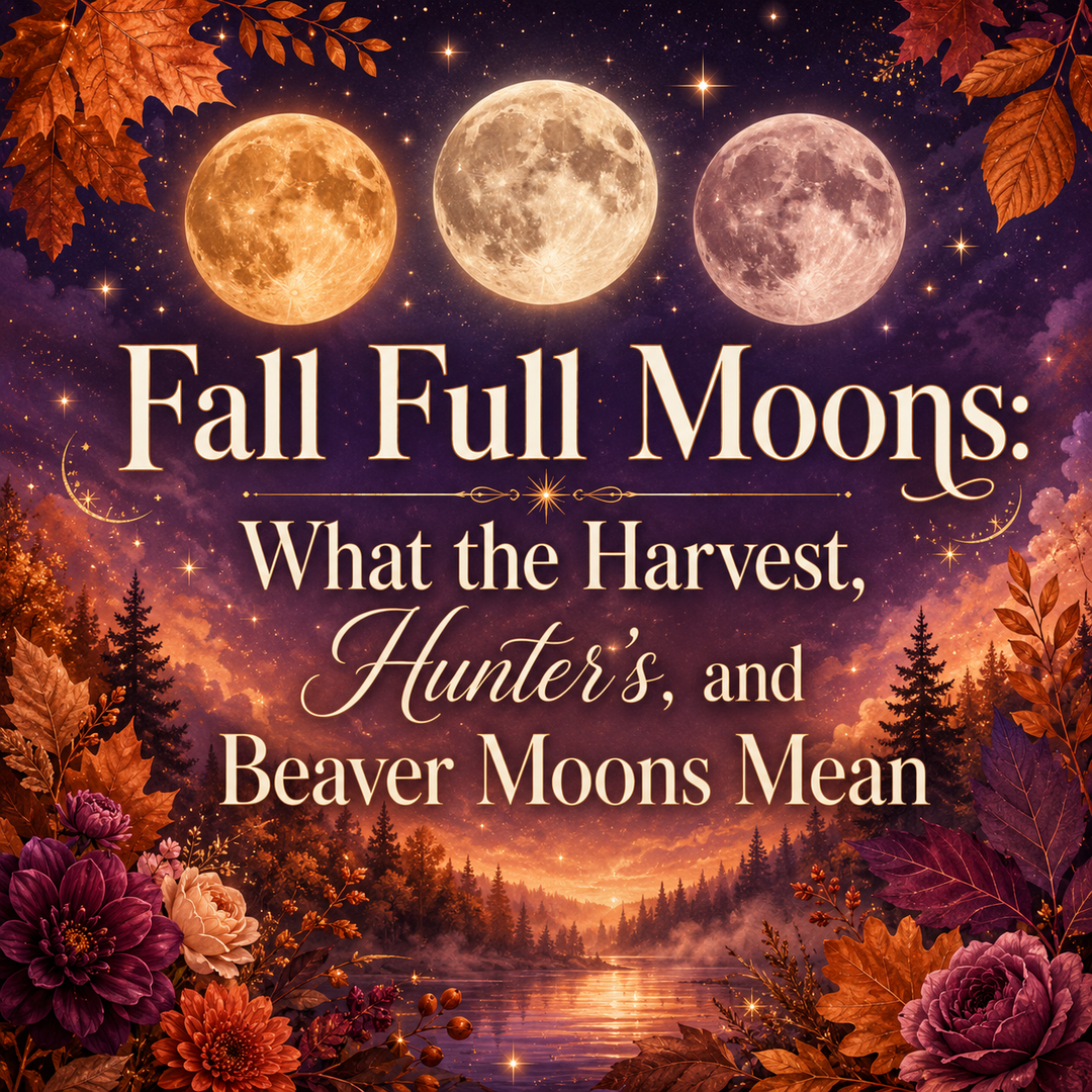 Fall full moons over an autumn landscape with colorful leaves and flowers.