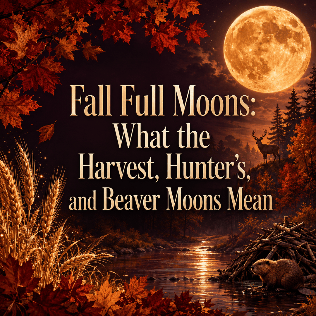 Fall full moon above an autumn river with wheat, a deer, and a beaver.