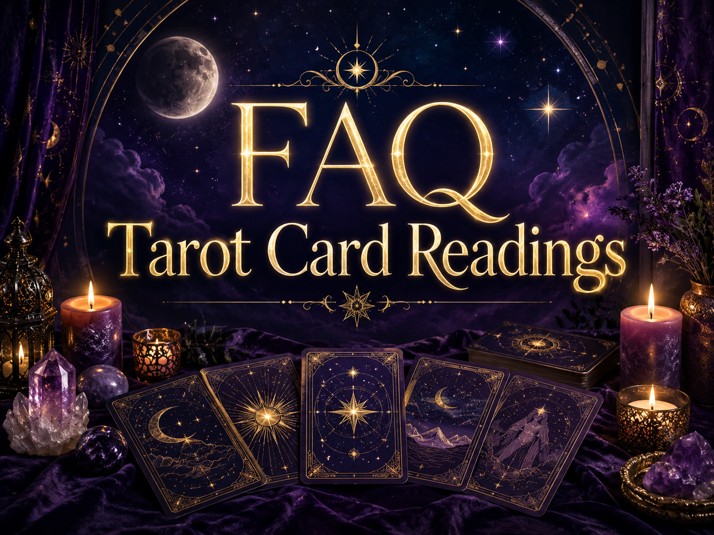 Mystical tarot cards, candles, crystals, and moonlight with the words FAQ Tarot Card Readings.