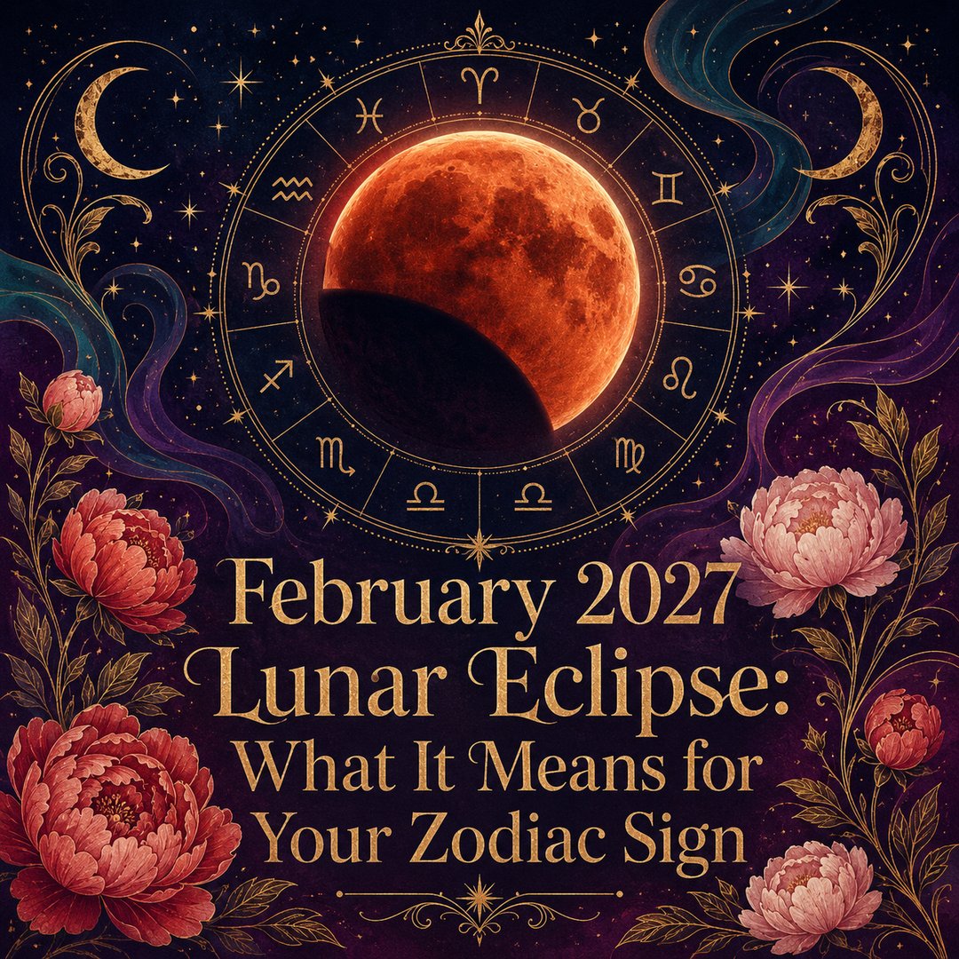 Copper-red lunar eclipse surrounded by a golden zodiac wheel, peonies, stars, and celestial swirls.