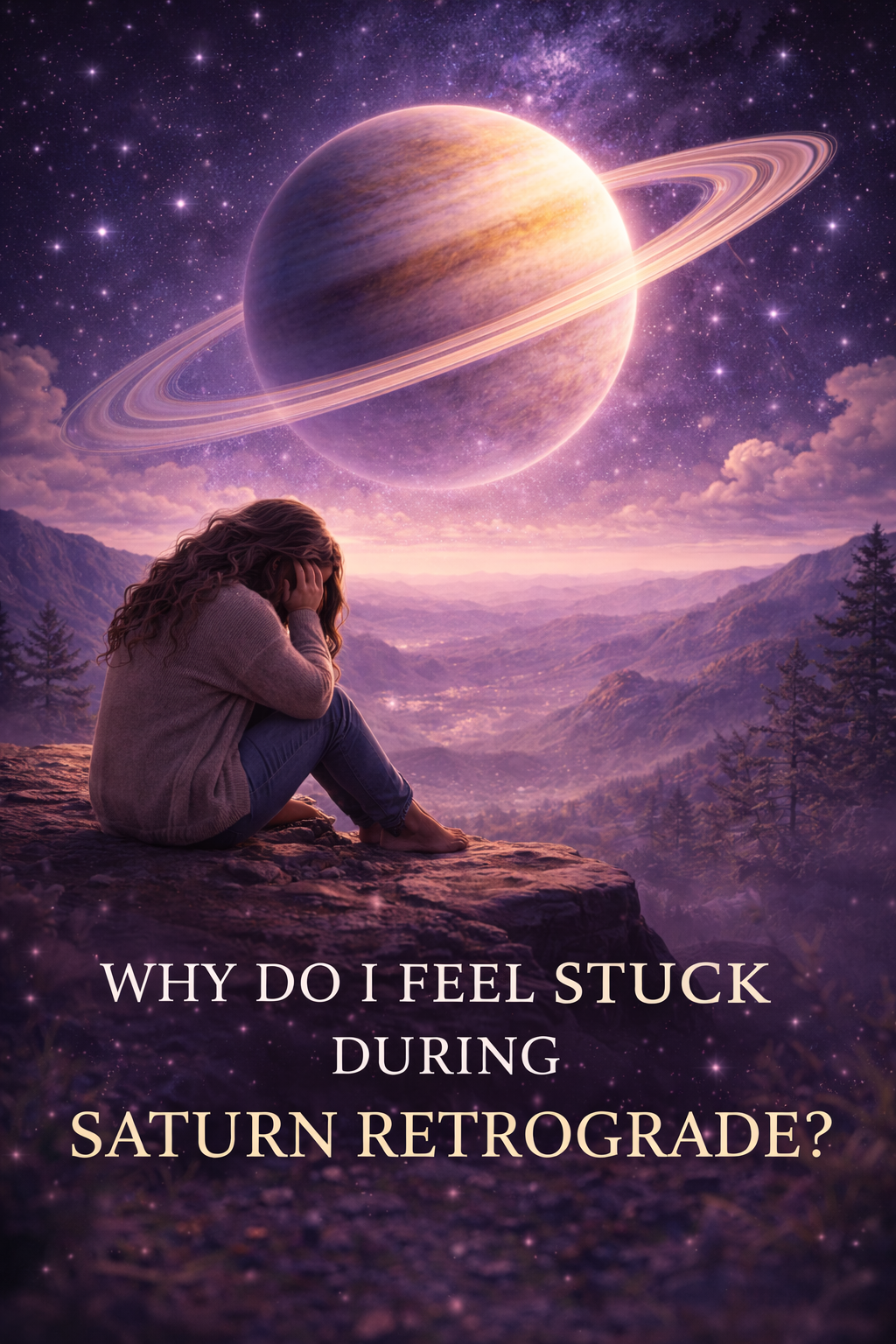 woman feeling stuck during Saturn retrograde with emotional heaviness and reflection under a starry sky