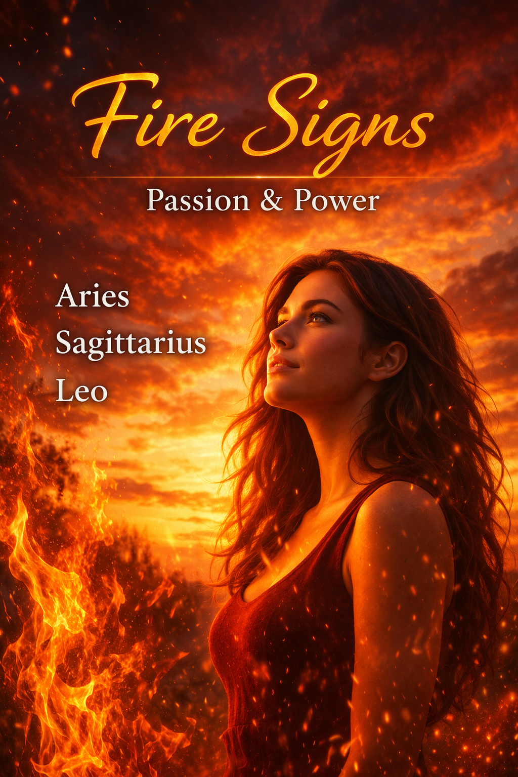 Fire signs astrology image showing Aries Leo Sagittarius with confident woman representing passion energy and attraction