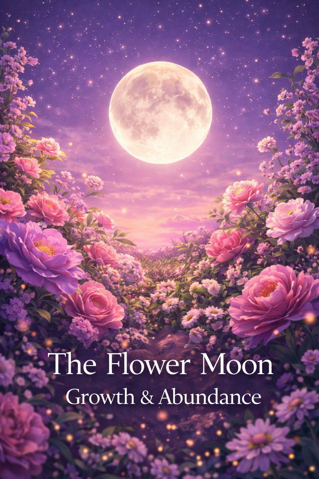 Flower Moon glowing over blooming flowers representing growth, abundance, and expansion during the May full moon