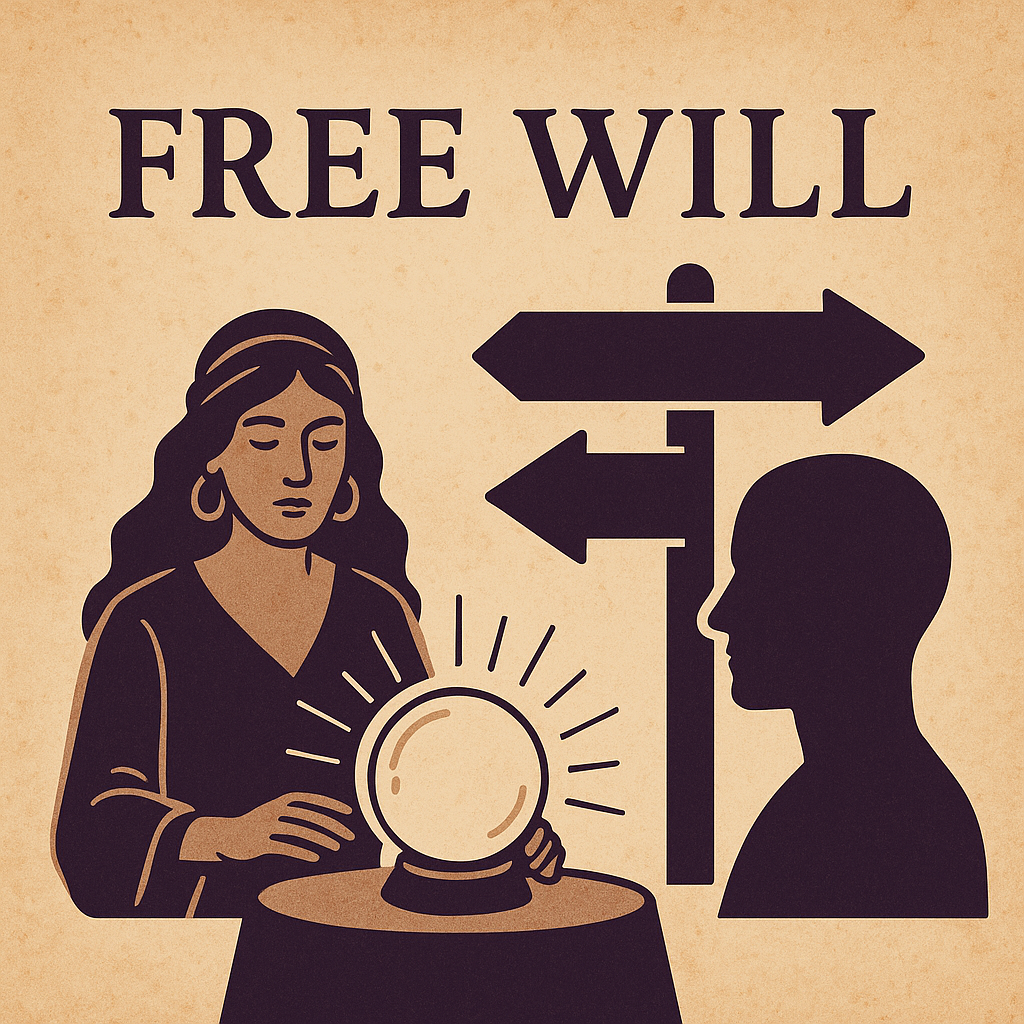 Vintage-style illustration of a psychic woman with a crystal ball beside a signpost, symbolizing free will and choice in psychic readings