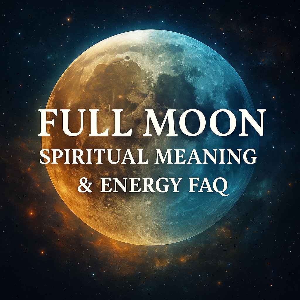 Mystical full moon glowing in a starry night sky with violet and silver spiritual energy waves, designed for a spiritual FAQ blog on full moon meaning and energy