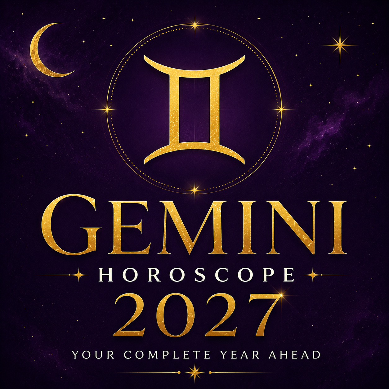 Gold Gemini zodiac symbol on a deep violet celestial background with “Gemini Horoscope 2027: Your Complete Year Ahead.”