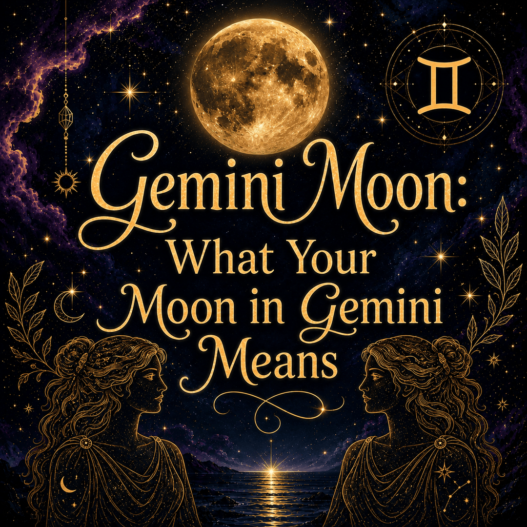 Celestial Gemini Moon graphic with a glowing full moon, Gemini symbol, golden twins, stars, and deep purple cosmic clouds.  next is capricorn vidIQ