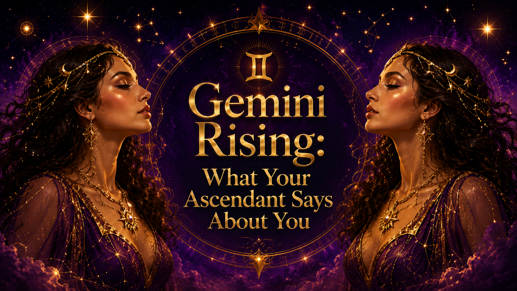 Celestial Gemini Rising image with mirrored twin women, glowing astrology details, and a purple cosmic background.