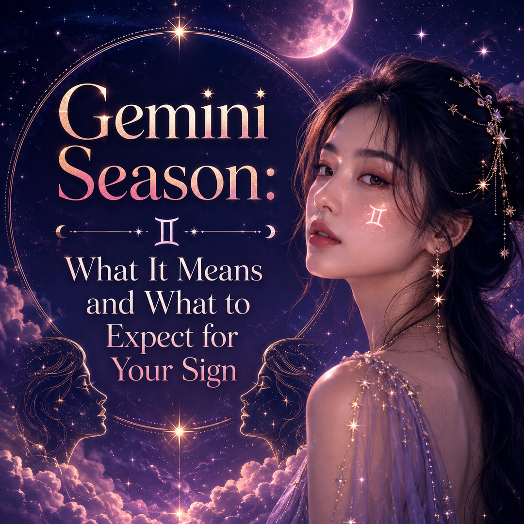 Gemini Season astrology graphic featuring a woman, Gemini symbol, glowing moon, celestial stars, and twin imagery with the title What It Means and What to Expect for Your Sign.