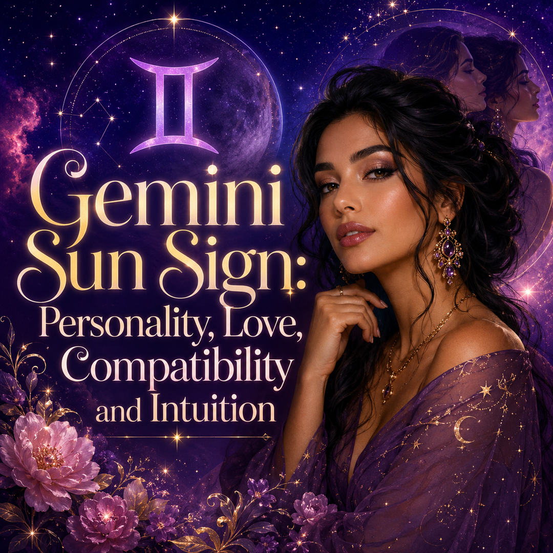 Gemini Sun Sign astrology graphic featuring a woman, Gemini symbol, twin imagery, celestial stars, flowers, and the title Personality, Love, Compatibility and Intuition.