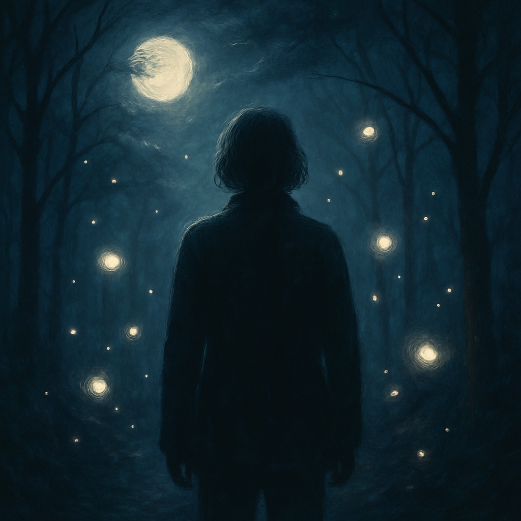 A digital painting of a lone figure standing in a moonlit forest, surrounded by softly glowing orbs of light. The figure faces away from the viewer beneath a bright full moon, framed by dark, leafless trees. The atmosphere is mystical and serene, evoking a sense of spiritual awakening and quiet connection with unseen energies.