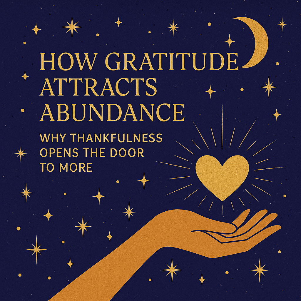 Mystical gratitude and abundance illustration with hand, heart, moon, and stars.