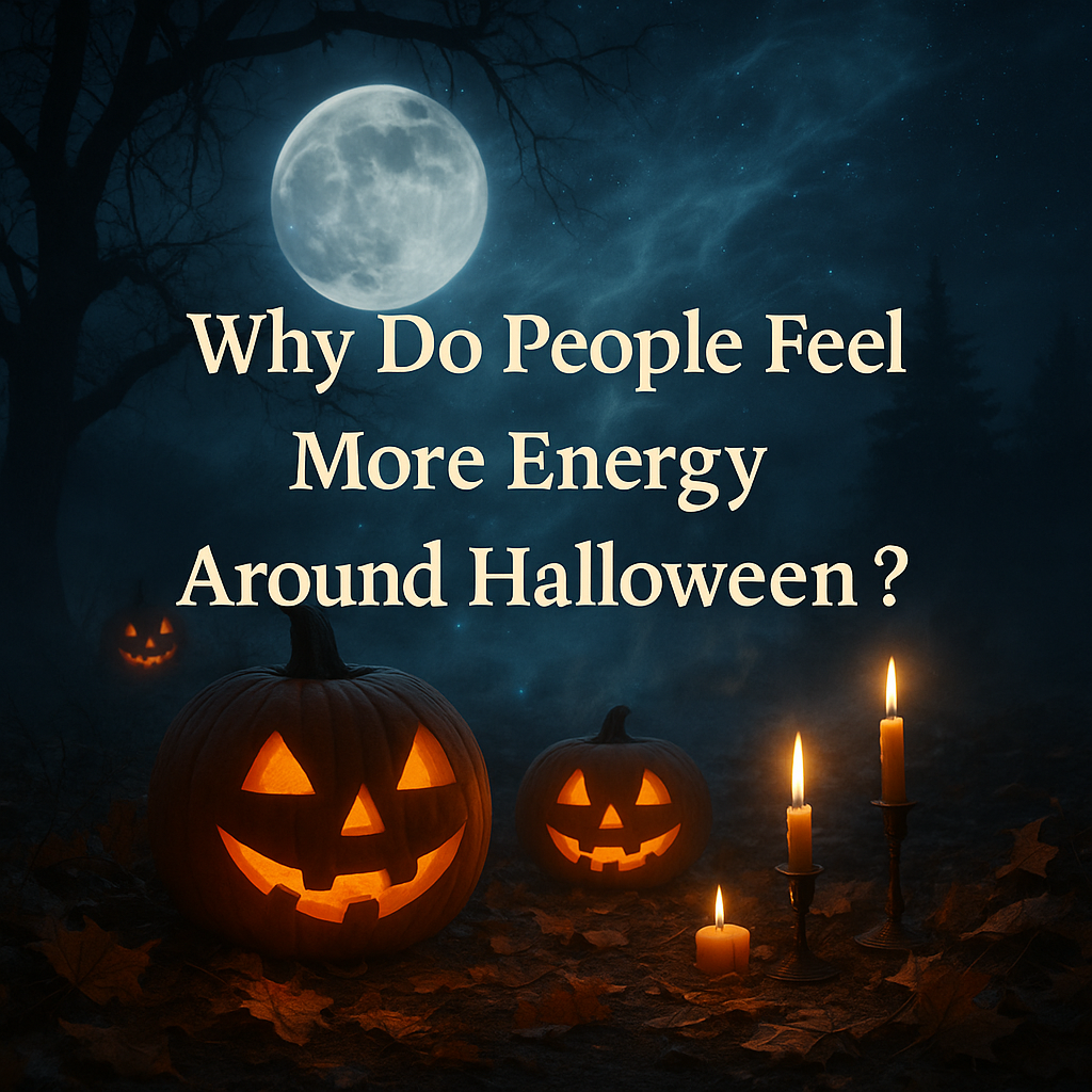 Halloween night scene with a glowing full moon, foggy blue sky, silhouetted trees, two carved jack-o’-lantern pumpkins, and four flickering candles on the ground, with the text “Why Do People Feel More Energy Around Halloween?” in cream-colored serif font across the center.