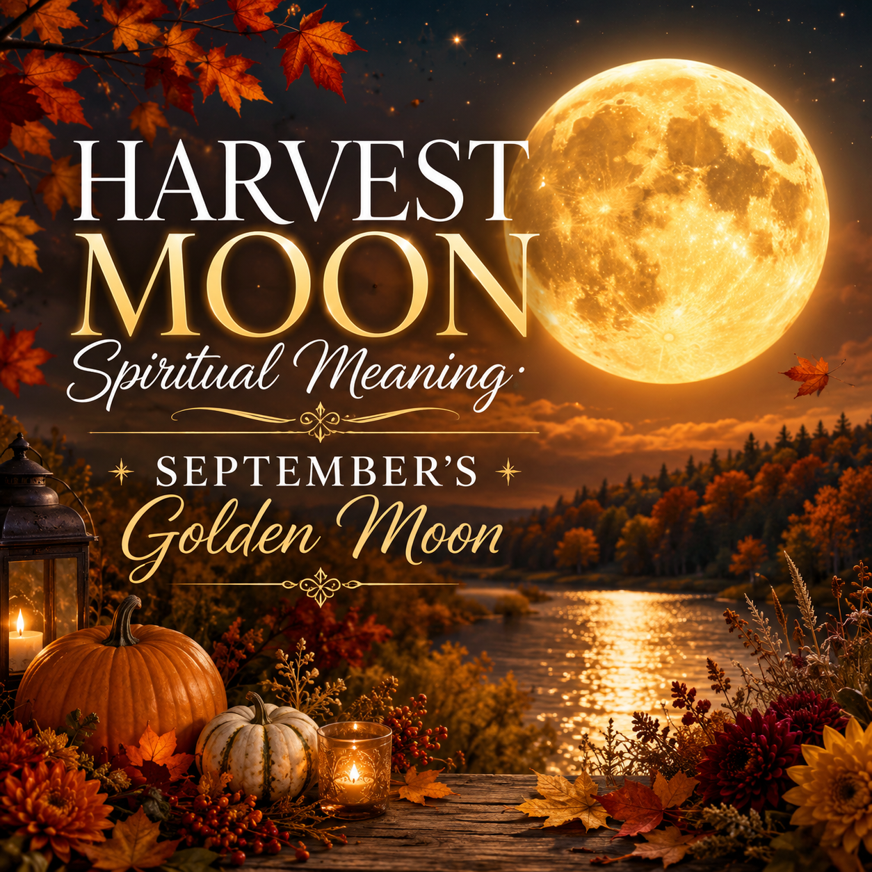 Golden Harvest Moon over a colorful autumn landscape.