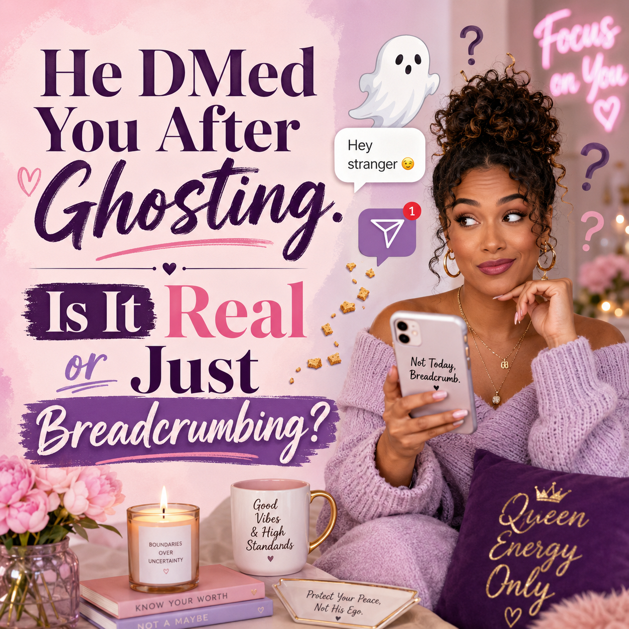 Woman looking suspicious and amused at her phone after receiving a DM from someone who ghosted her, with a playful ghost, message notification, and breadcrumb symbols.