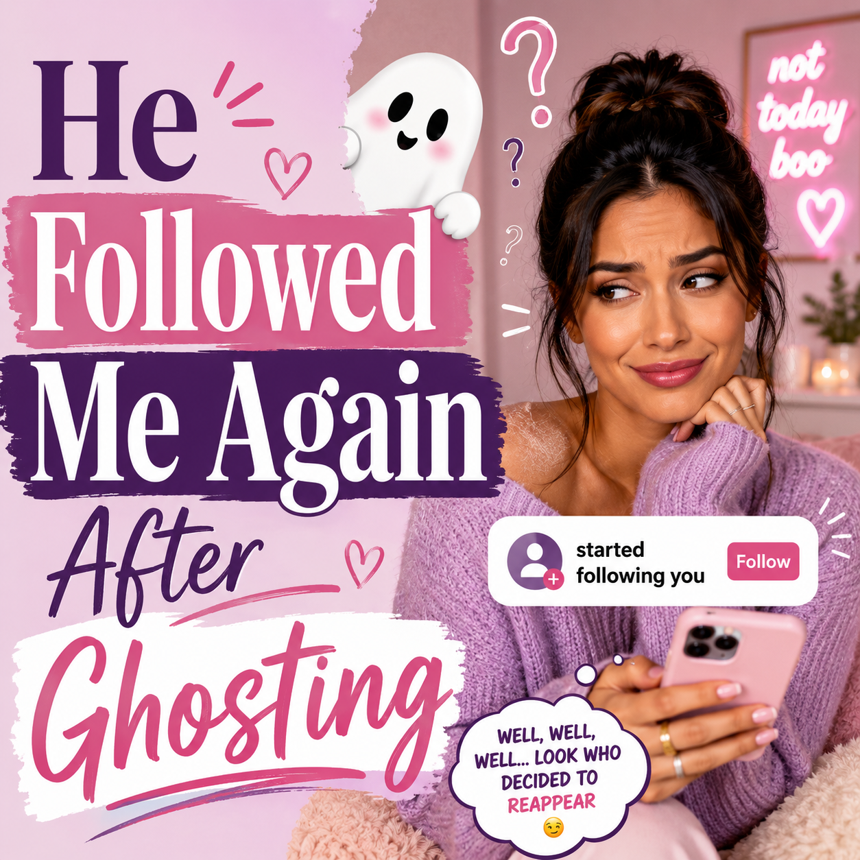 Woman looking amused and suspicious at her phone after someone who ghosted her follows her again, with a playful ghost and social media notification.