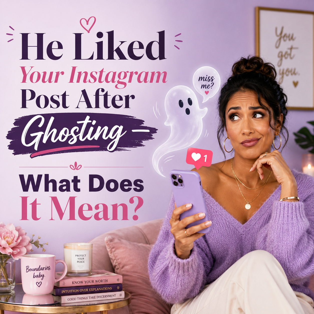 Woman looking amused and confused at her phone after receiving a like from someone who ghosted her, with a playful ghost and heart notification beside her.