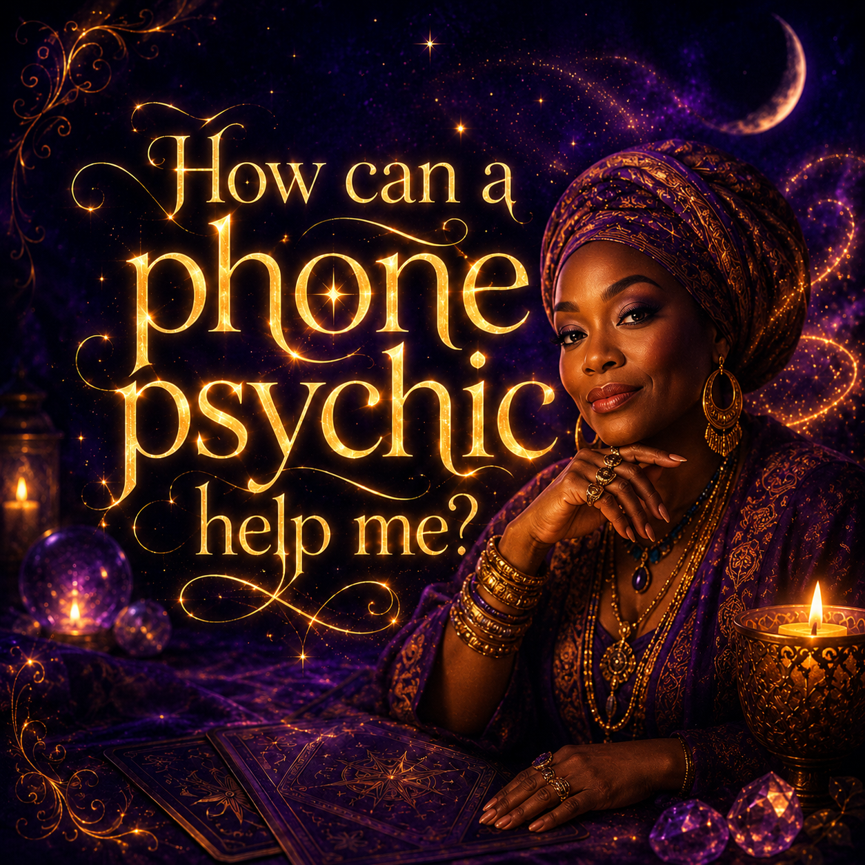 A mystical psychic reader in warm golden light with the words How can a phone psychic help me?