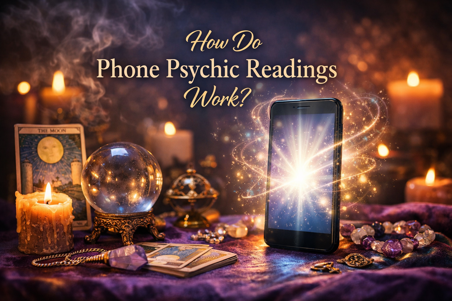 Glowing smartphone surrounded by tarot cards, candles, and crystal ball with text "How Do Phone Psychic Readings Work?" representing energy reading, intuition, and psychic phone readings