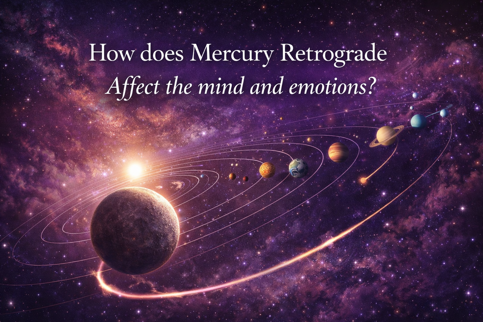 Illustration of the solar system highlighting the planet Mercury with orbital paths, representing how Mercury Retrograde affects the mind and emotions