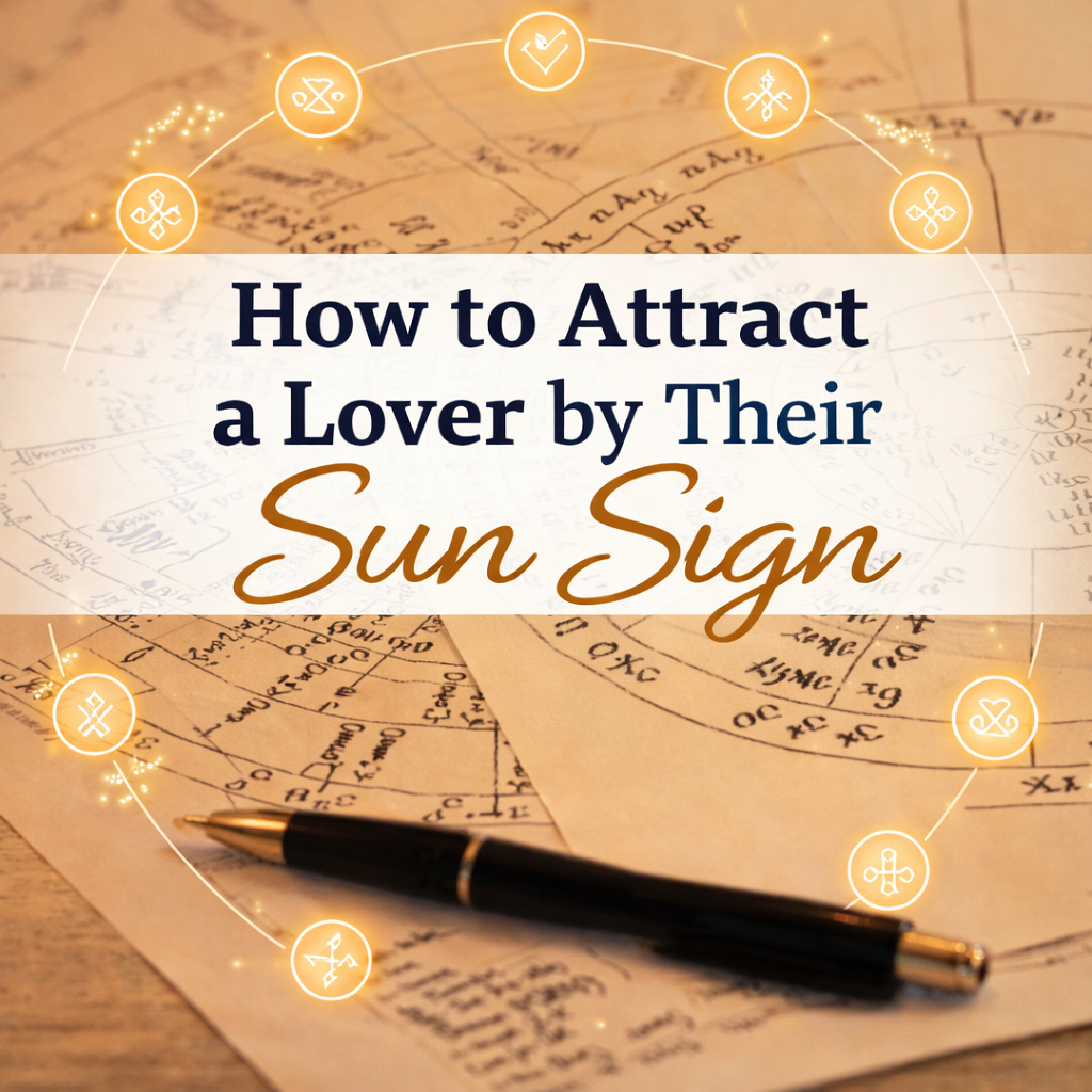 Sun sign attraction guide image showing astrology chart and symbols for understanding love and relationships