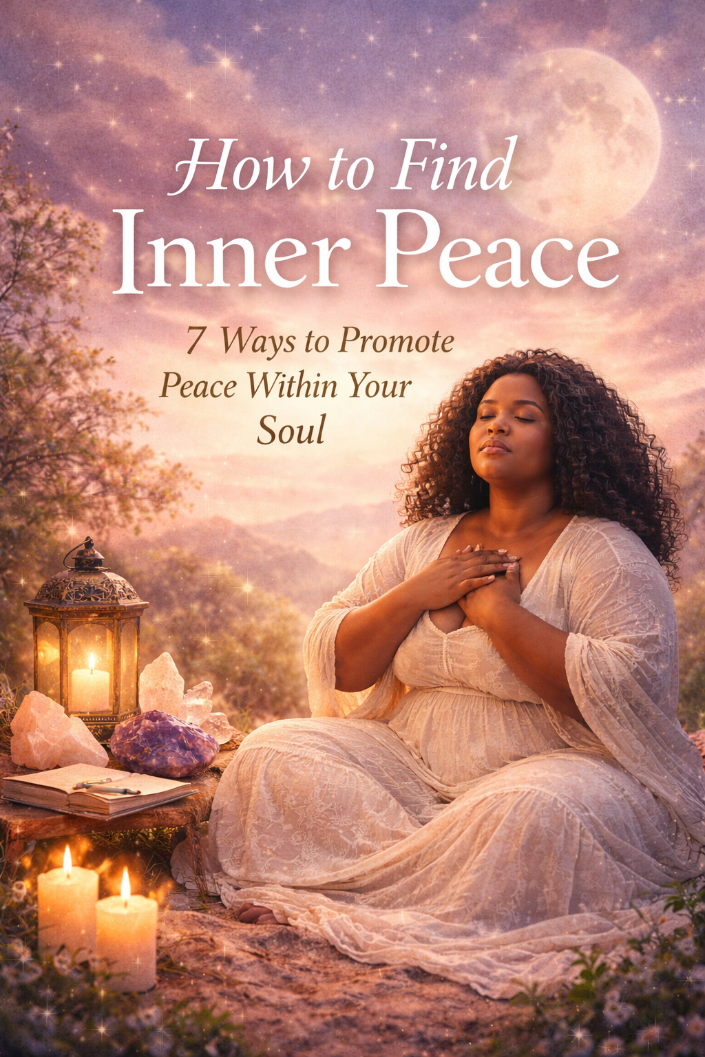 woman meditating with candles and crystals representing inner peace and spiritual calm