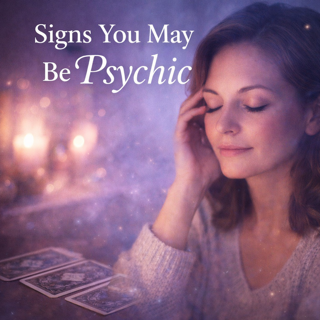 Woman with eyes closed feeling intuitive energy, symbolizing signs you may be psychic and heightened awareness