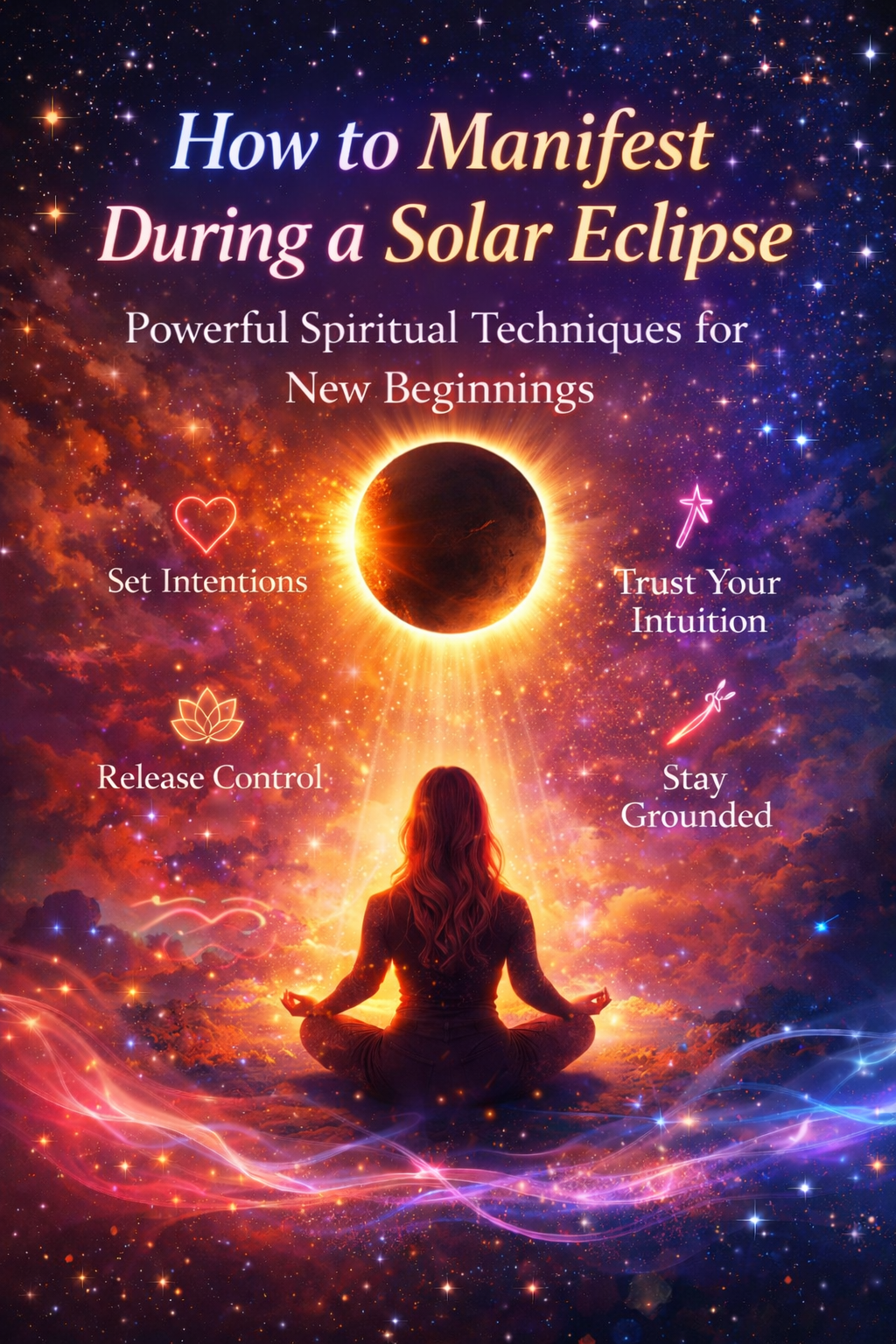 Woman meditating under a solar eclipse representing manifestation spiritual techniques new beginnings intuition and energy alignment