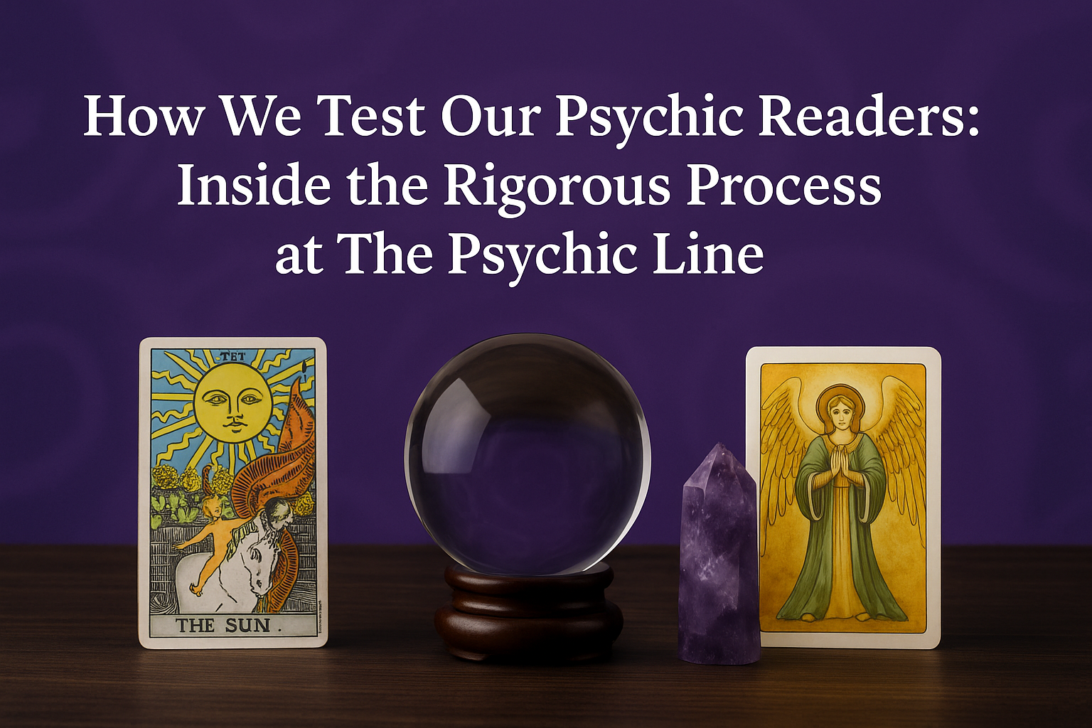 dark violet background with two Tarot Cards, a crystal ball, an amethyst and text "how we test our psychic readers: inside the rigorous process at The Psychic Line