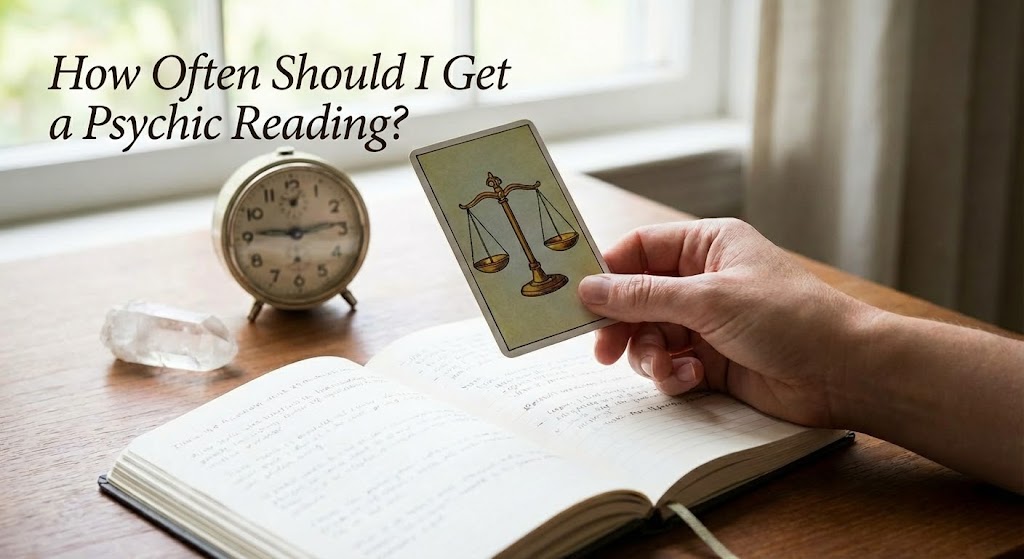 Hand holding a tarot card with balance scales over an open book next to a vintage clock, symbolizing timing and balance in psychic readings.