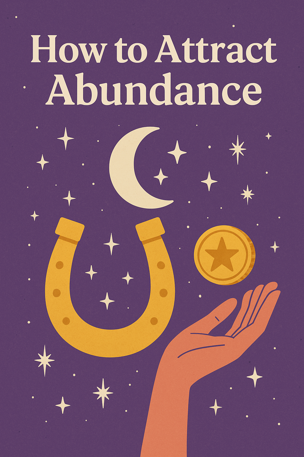 Mystical abundance image with moon, stars, horseshoe and hand