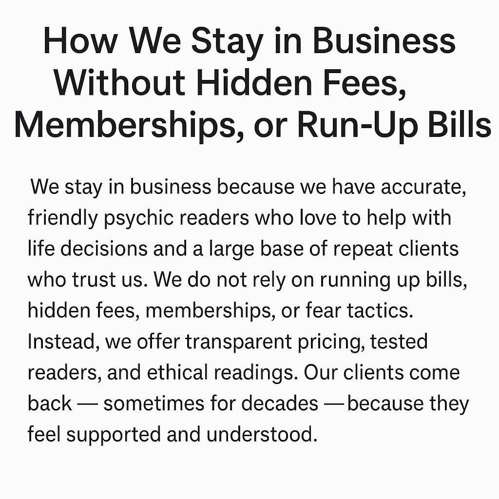 How The Psychic Line stays in business without hidden fees or memberships, featuring text about accurate readers, transparent pricing, and long-term client trust