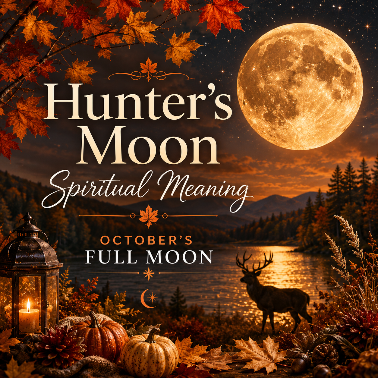 Golden Hunter’s Moon over an autumn lake with colorful fall leaves.