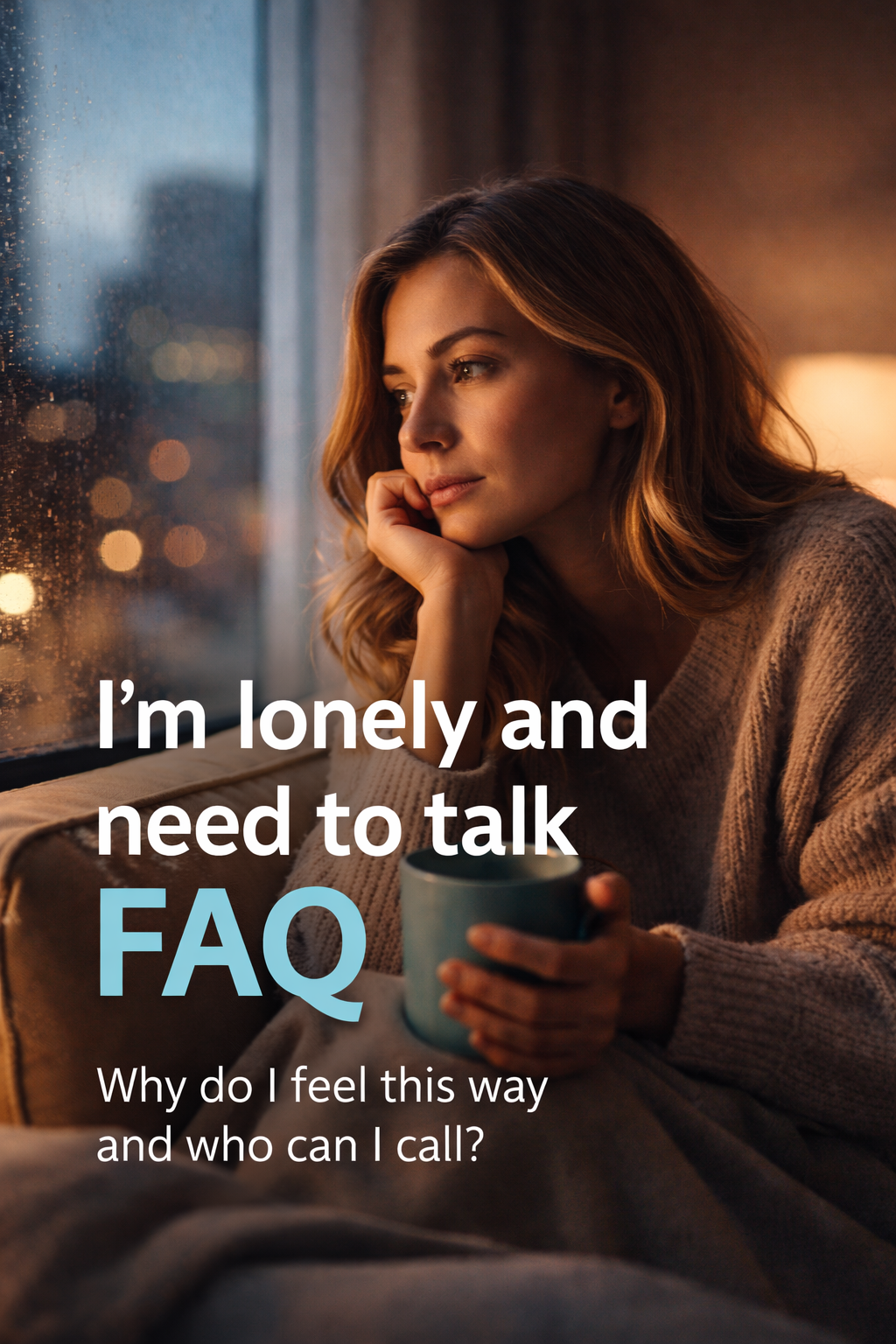 Woman sitting alone by a window at night, feeling lonely and thoughtful, representing the need to talk to someone in a safe, confidential space.